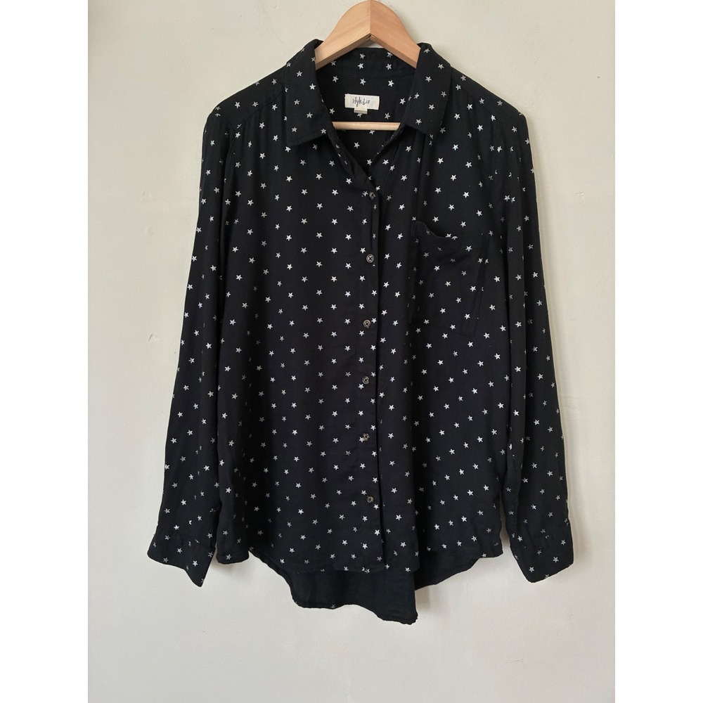 Style & Co Women Black Silver Metallic Star Celestial Print Button Down Blouse L